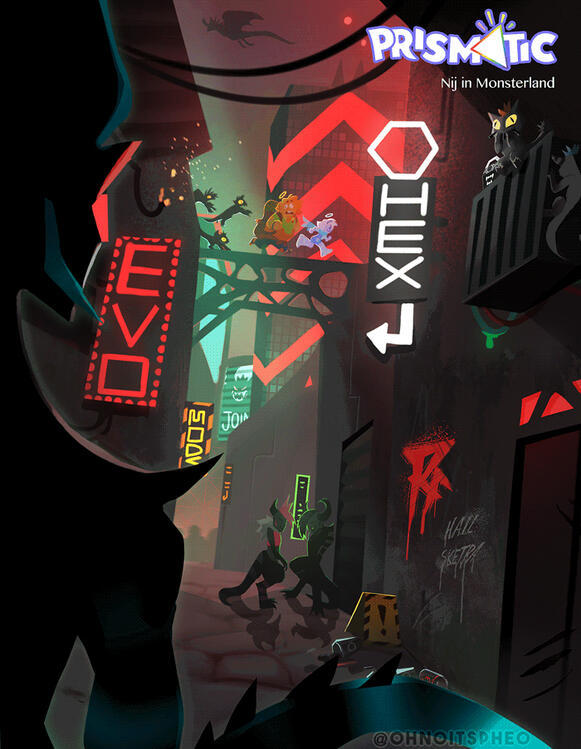 Illustration of the monster city in the webcomic Prismatic: Nij in Monsterand with two angels fleeing monsters.