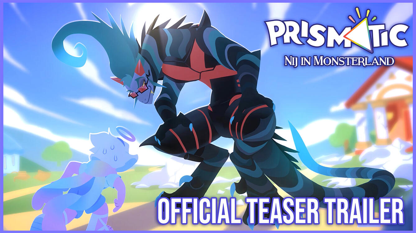 Teaser Trailer Video Thumbnail Youtube Thumbnail for the Prismatic: Nij in Monsterland Official Teaser Trailer. Features a lizard character towering over a tiny pastel angel girl.
