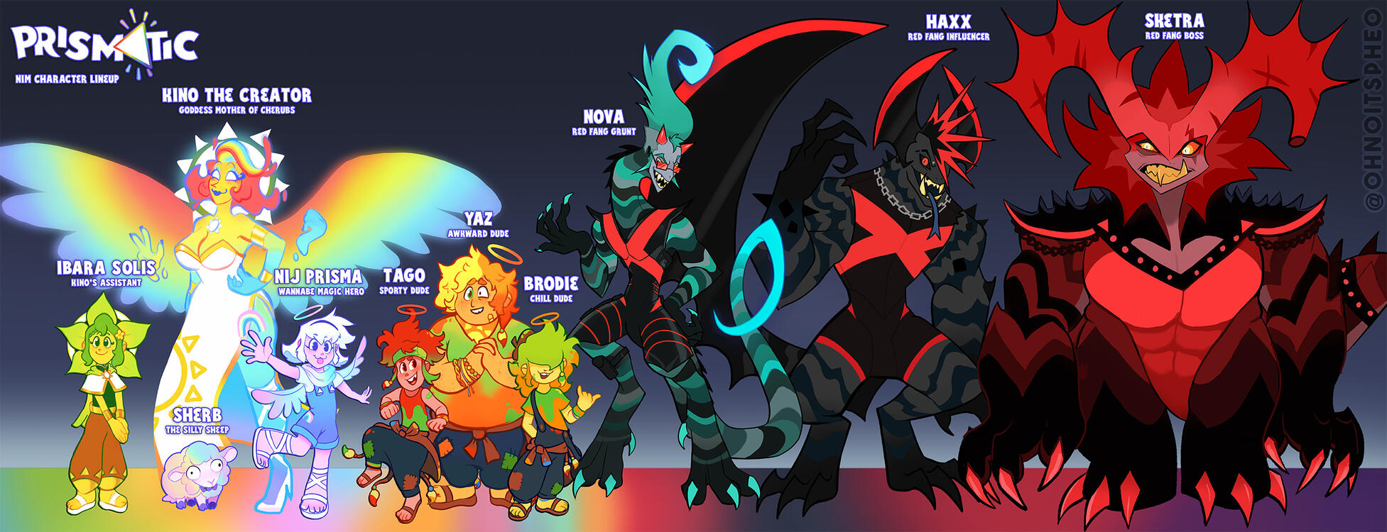 Prismatic NiM Cast (2025) Lineup of a variety of characters from the webcomic Prismatic: Nij in Monsterland