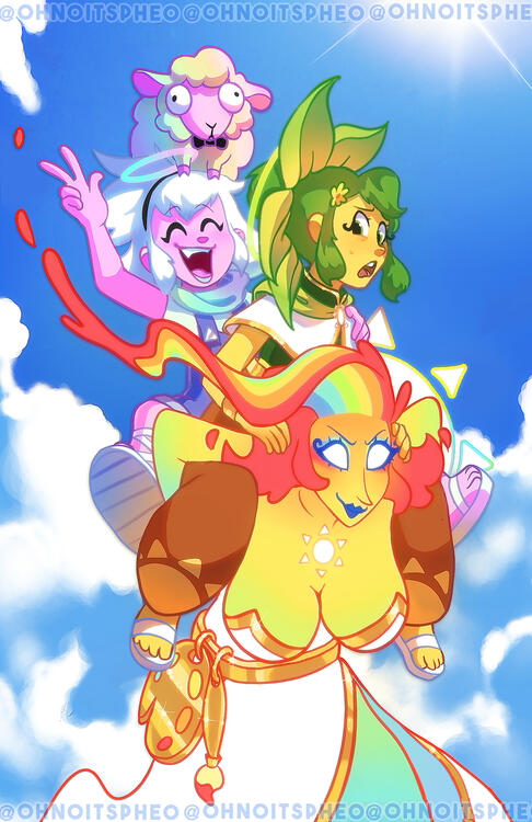 The Sillies! Illustration of Kino the goddess taking her angel kiddos and sheep on a piggyback ride- in the sky!